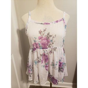 Torrid Sheer Floral Sleeveless Babydoll Tank White Purple Turquoise Flowers